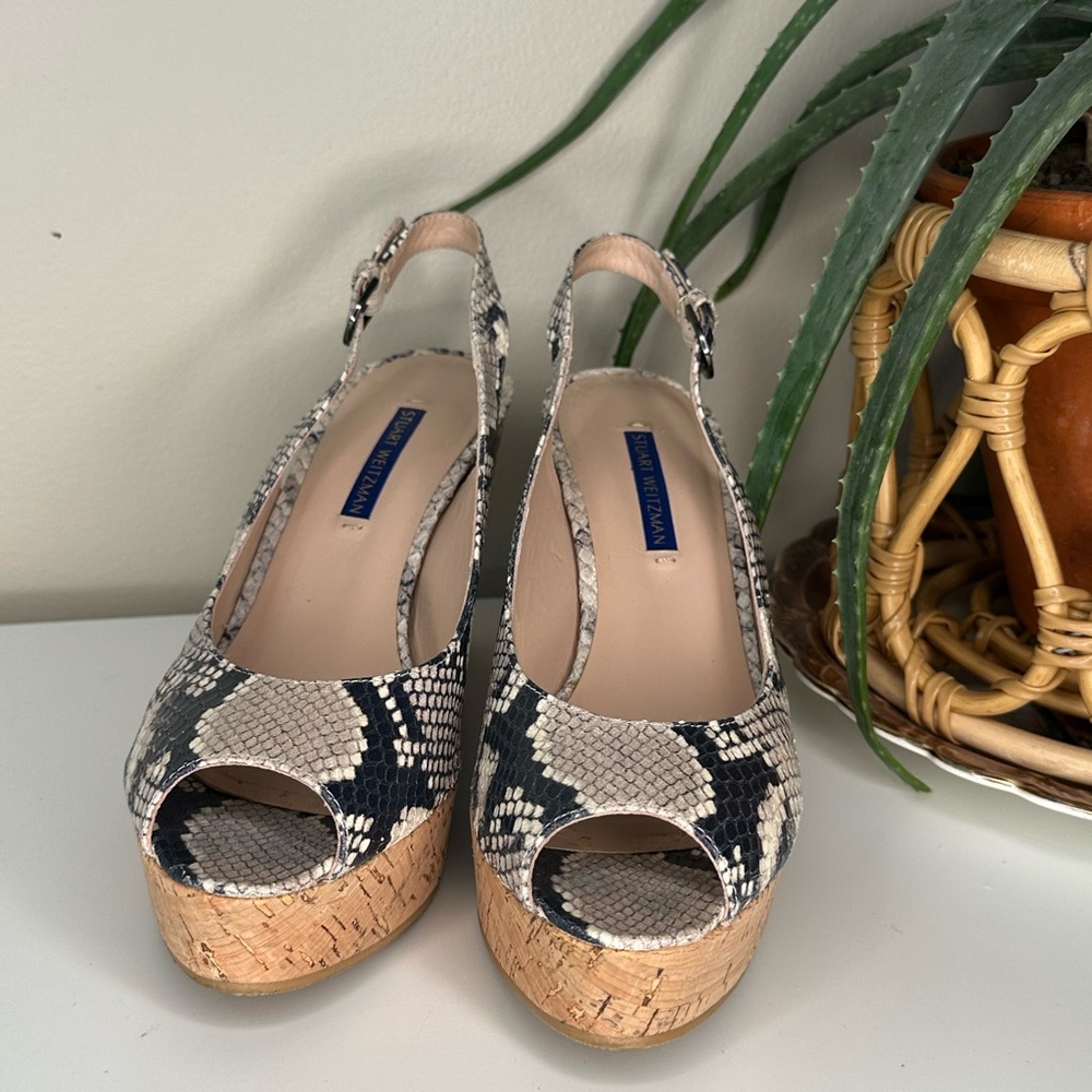 Stuart Weitzman Snakeskin Leather Cork Wedge Heels 8 | Peep Toe Slingback - Picture 6 of 13